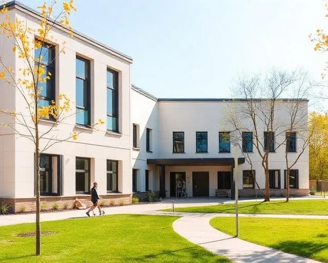 Bâtiment scolaire avec parvis arboré