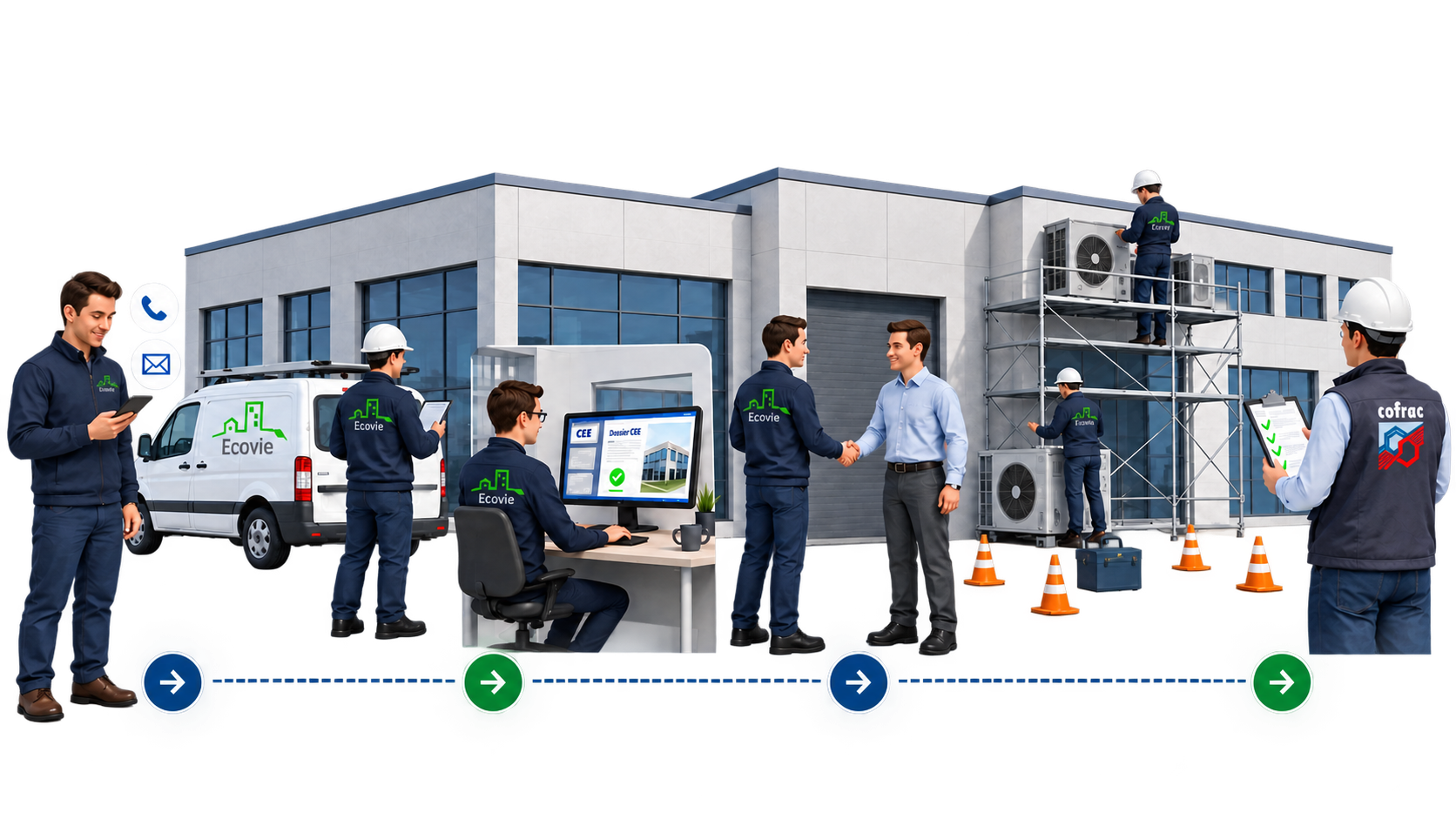 Parcours client EcoVie : prise de contact, visite technique, dossier CEE, signature, travaux et validation finale