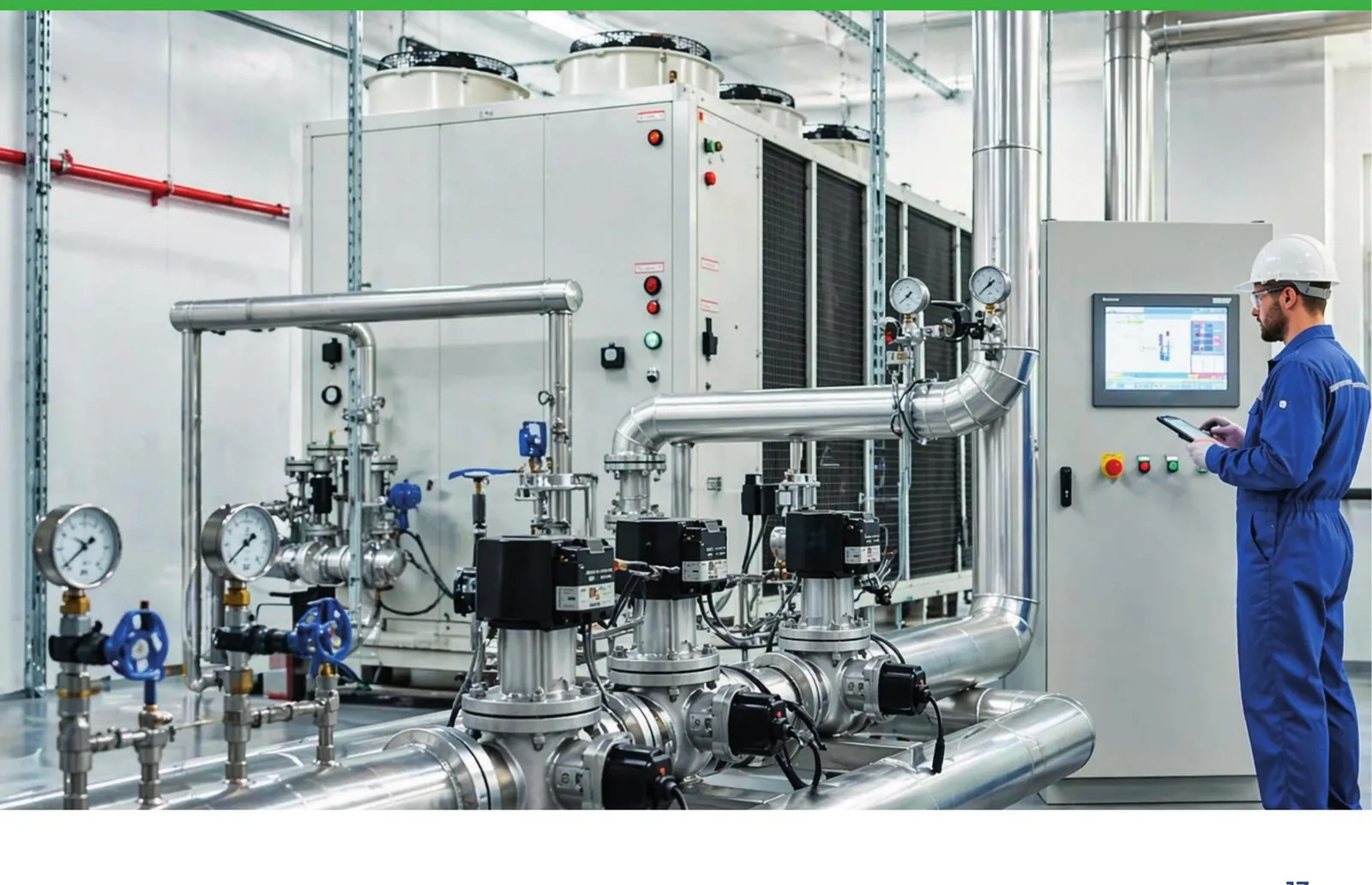 Installation frigorifique industrielle inspectée par un technicien